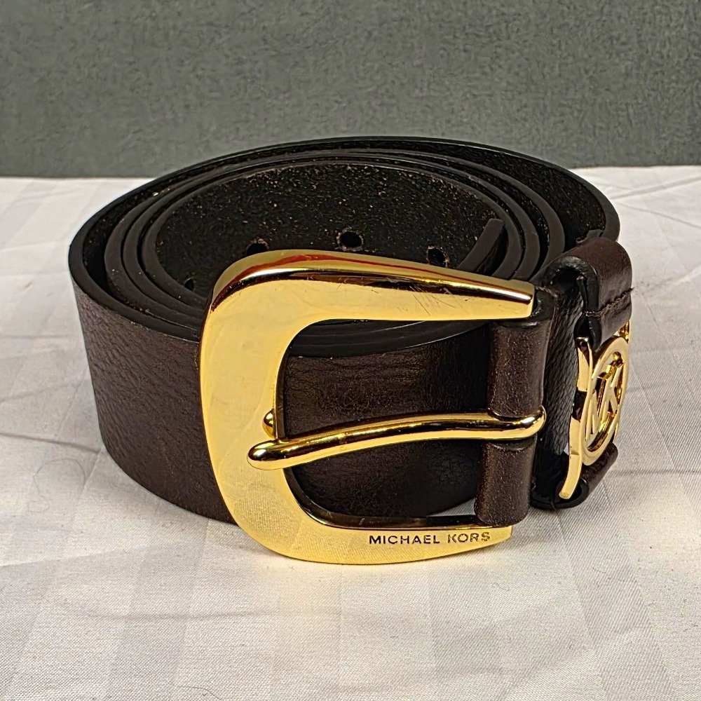 Michael Kors Women's XL Brown Leather Gold-Tone Buckle MK Logo Adjustable Belt